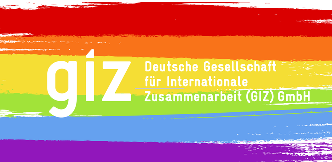 Das Logo der GIZ mit einem Regenbogen als Hintergrund