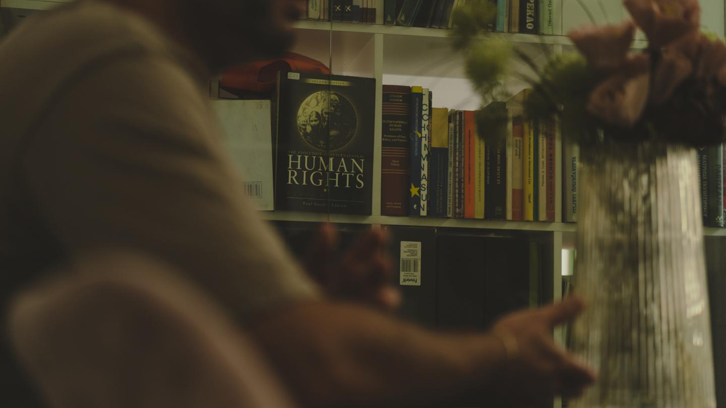 Unscharfe Szene mit einer Person vor einem Bücherregal, in dem ein Buch mit dem Titel „Human Rights“ deutlich sichtbar ist.
