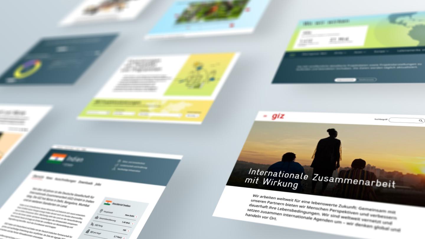Mehrere Ansichten der neuen GIZ Website, u.a. sieht man die Startseite, Länderseiten und Artikel.