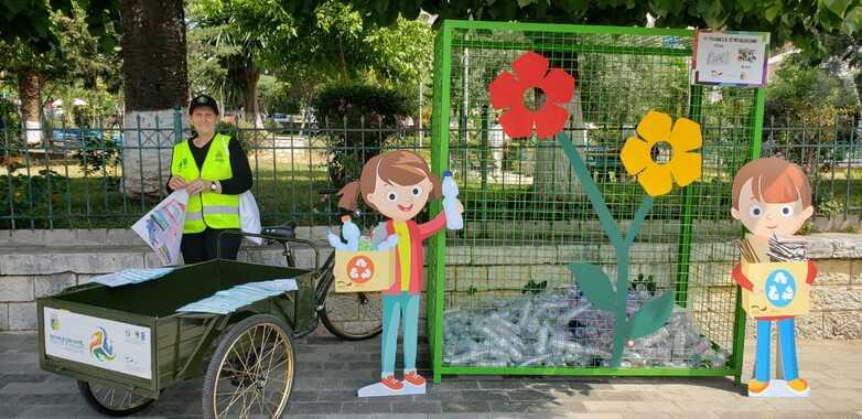 Momente aus Sensibilisierungskampagnen in Albanien zu nachhaltigem Ressourcenmanagement und Recycling von Ressourcen.