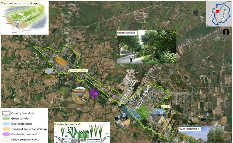 Eine Karte zeigt mögliche Maßnahmen um in Thailand und Kambodscha grenzübergreifend gegen Überflutungen und Dürren vorzugehen.