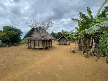 Two small wooden buildings surrounded by nature