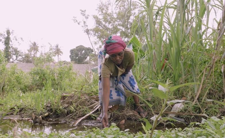 Eine Landwirtin greift nach Pflanzen an einem Wasserlauf