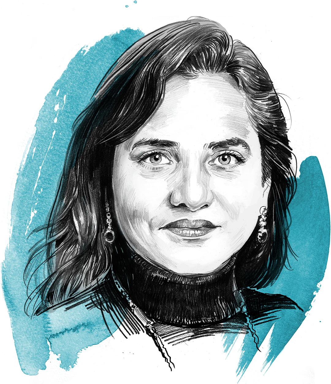 Anila Noor in einem gezeichneten Stil mit blauem Hintergrund