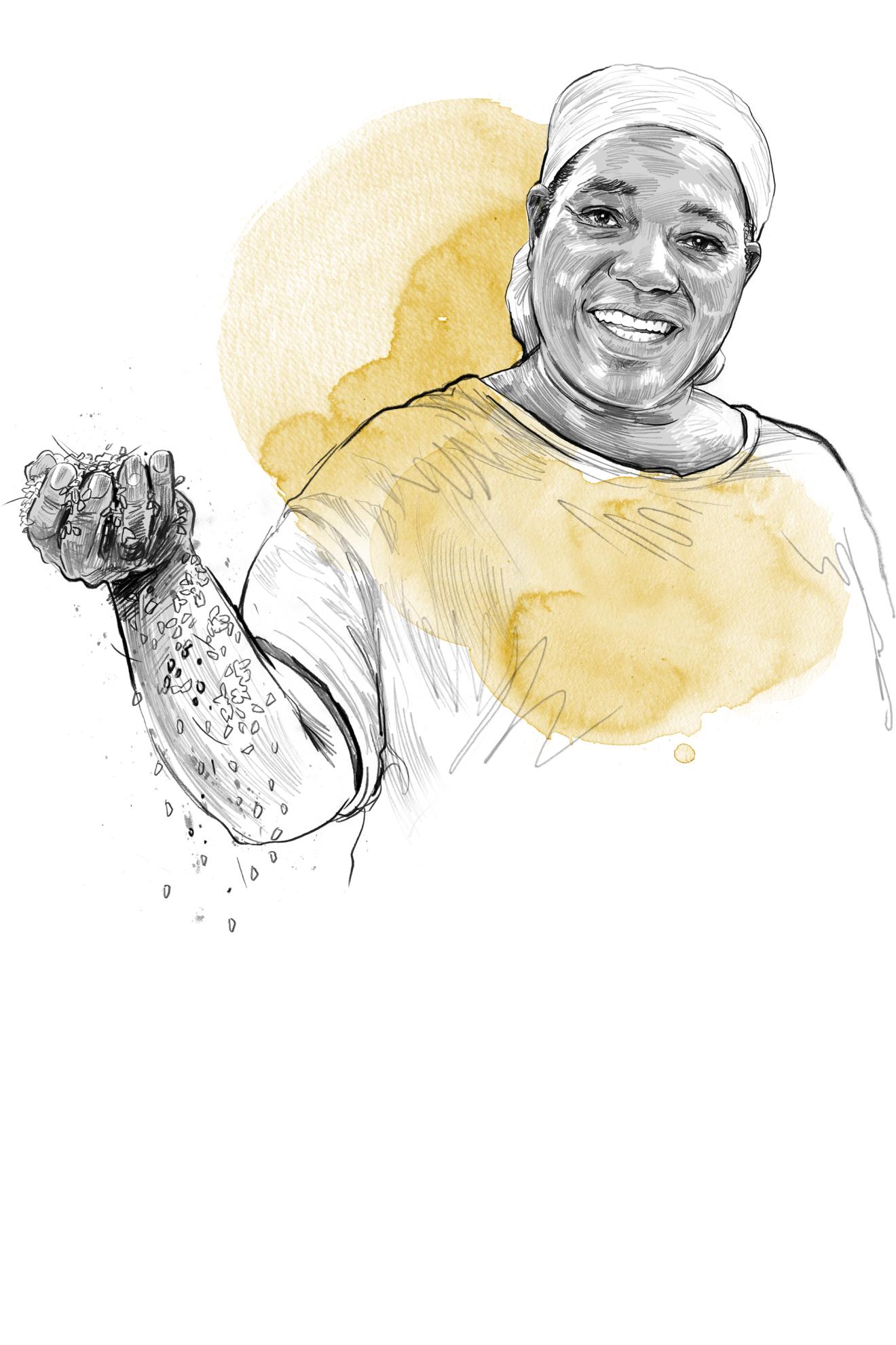 Im gezeichneten Stil hält eine Frau mit Tuch auf dem Kopf eine Hand voll Reis hoch