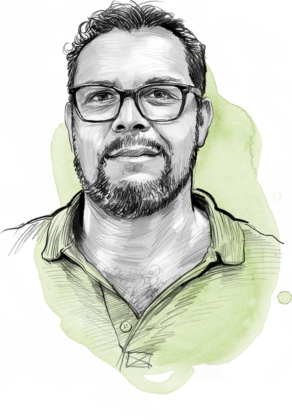 Porträt von einem Mann im gezeichneten Stil mit grünen Akzenten