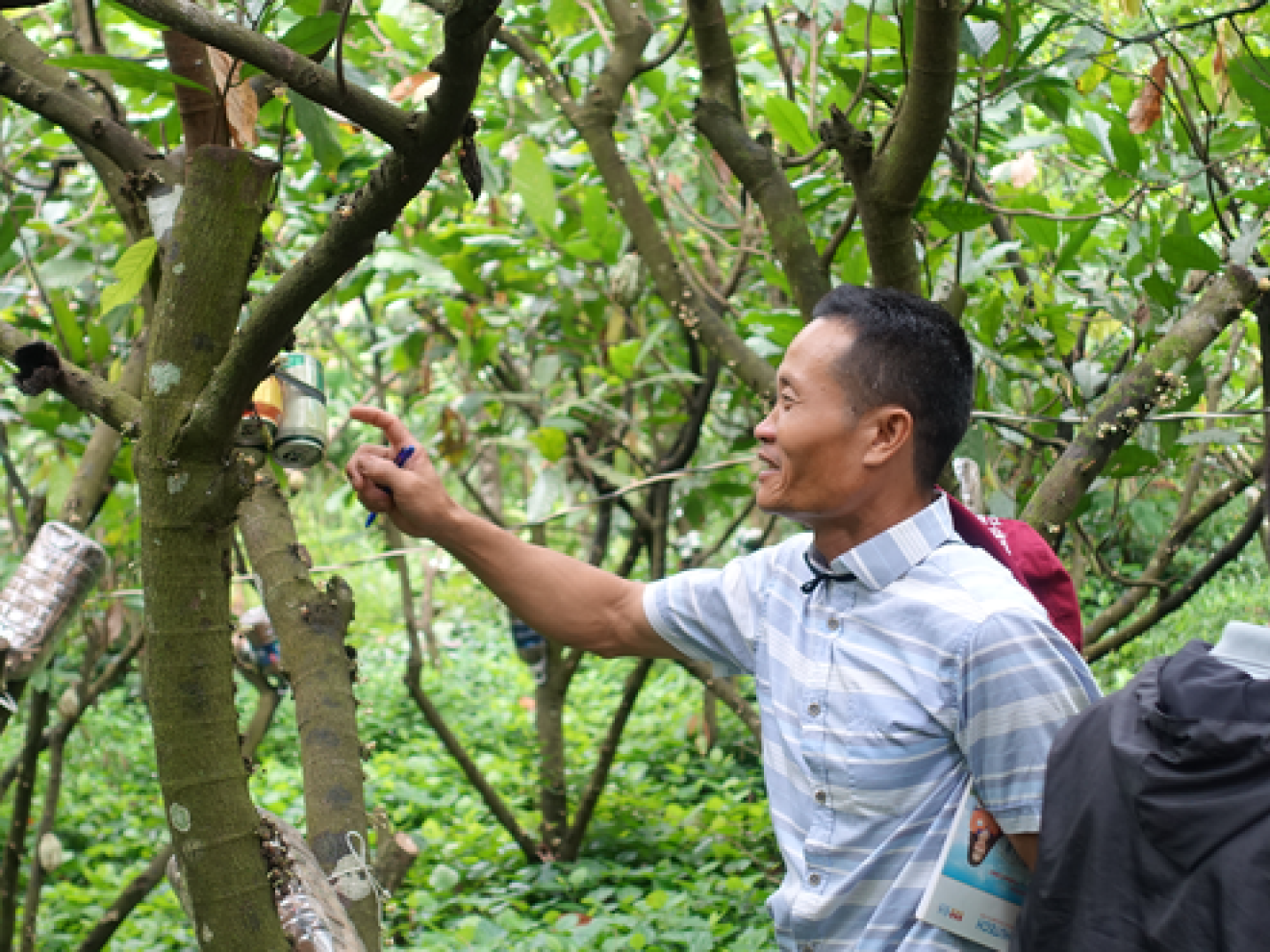 2 men in the forest, one of them is looking at a tree