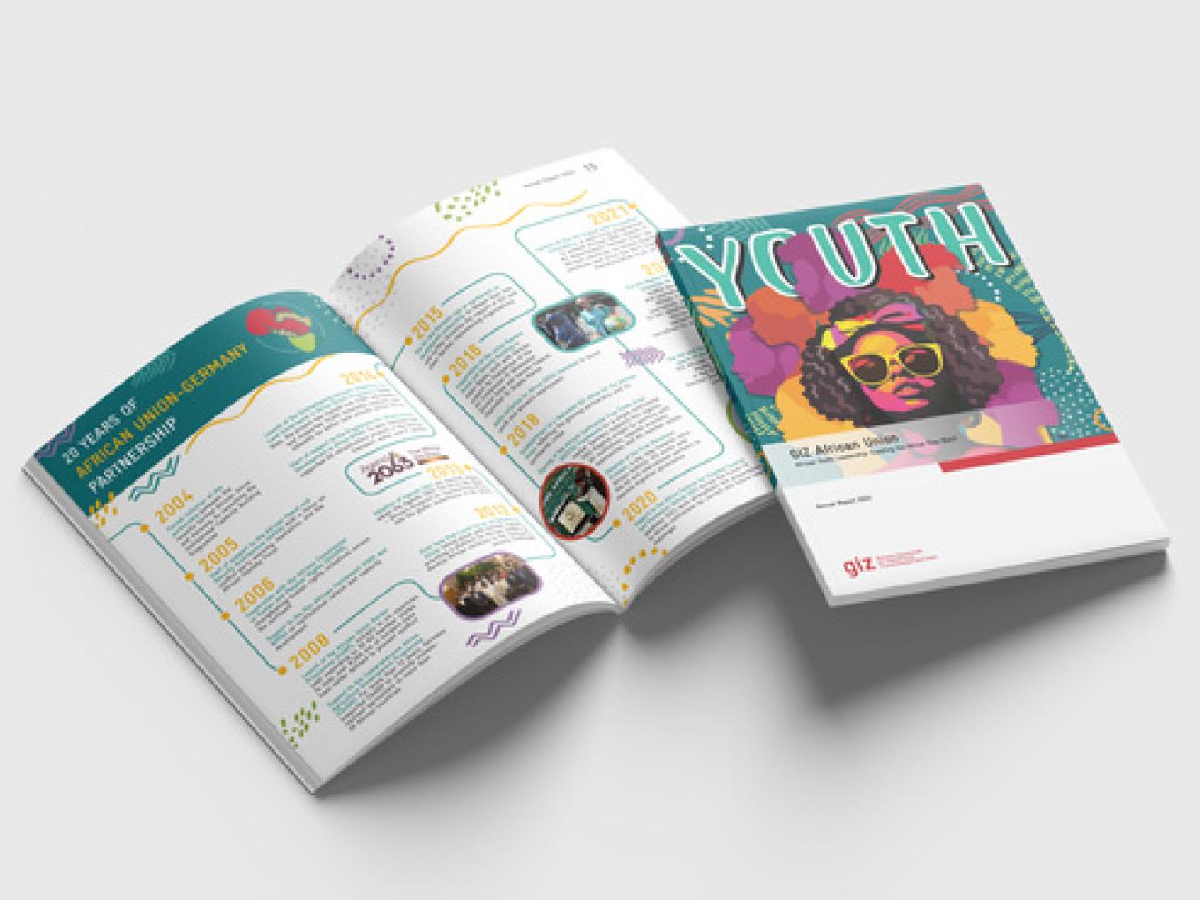 Produktfotografie des gedruckten Geschäftsberichts der GIZ Afrikanische Union mit dem Titel "Youth" (African Youth Leadership)