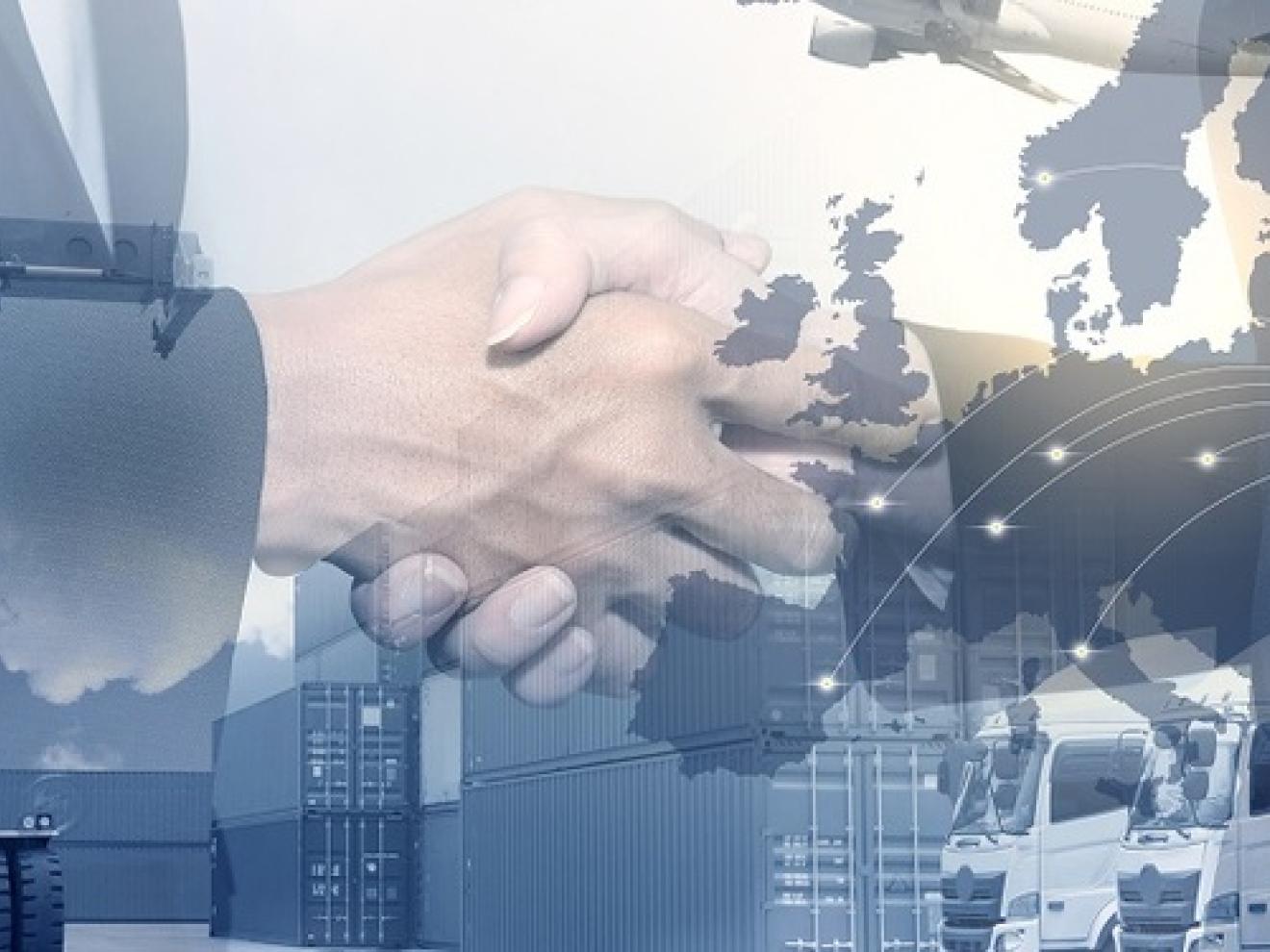 Mehrfach überlagertes Bild mit Containern, Verladekran einer Uraine Flagge in Form der Landesumrisse, zwei Hände die sich Schütteln und LKWs