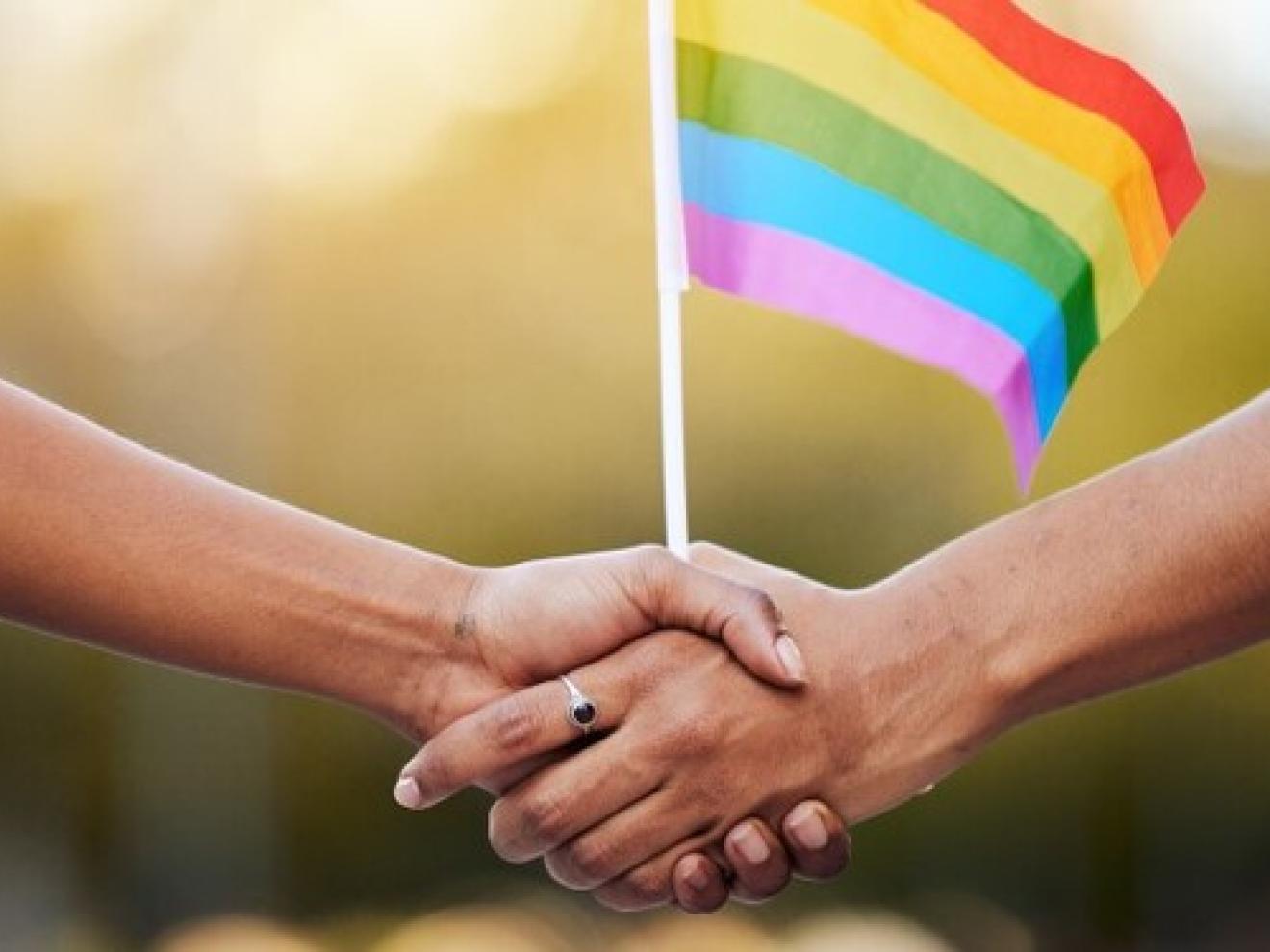 Zwei Menschen schütteln einander die Hände und halten dabei eine Regenbogen.