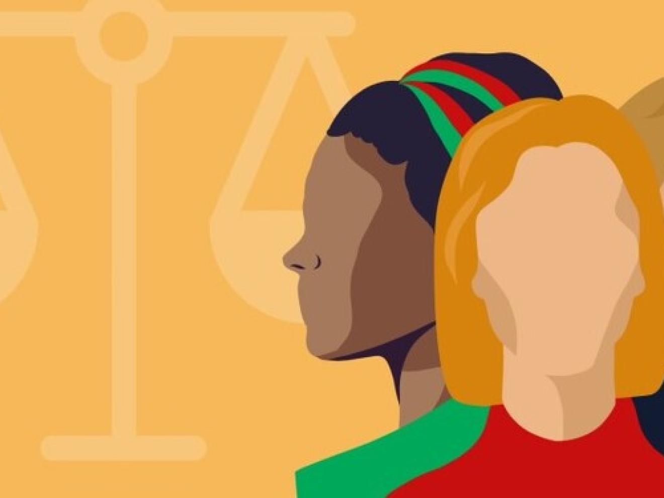 Eine Grafik, die drei unterschiedliche Frauen abbildet und eine Waage im Hintergrund.