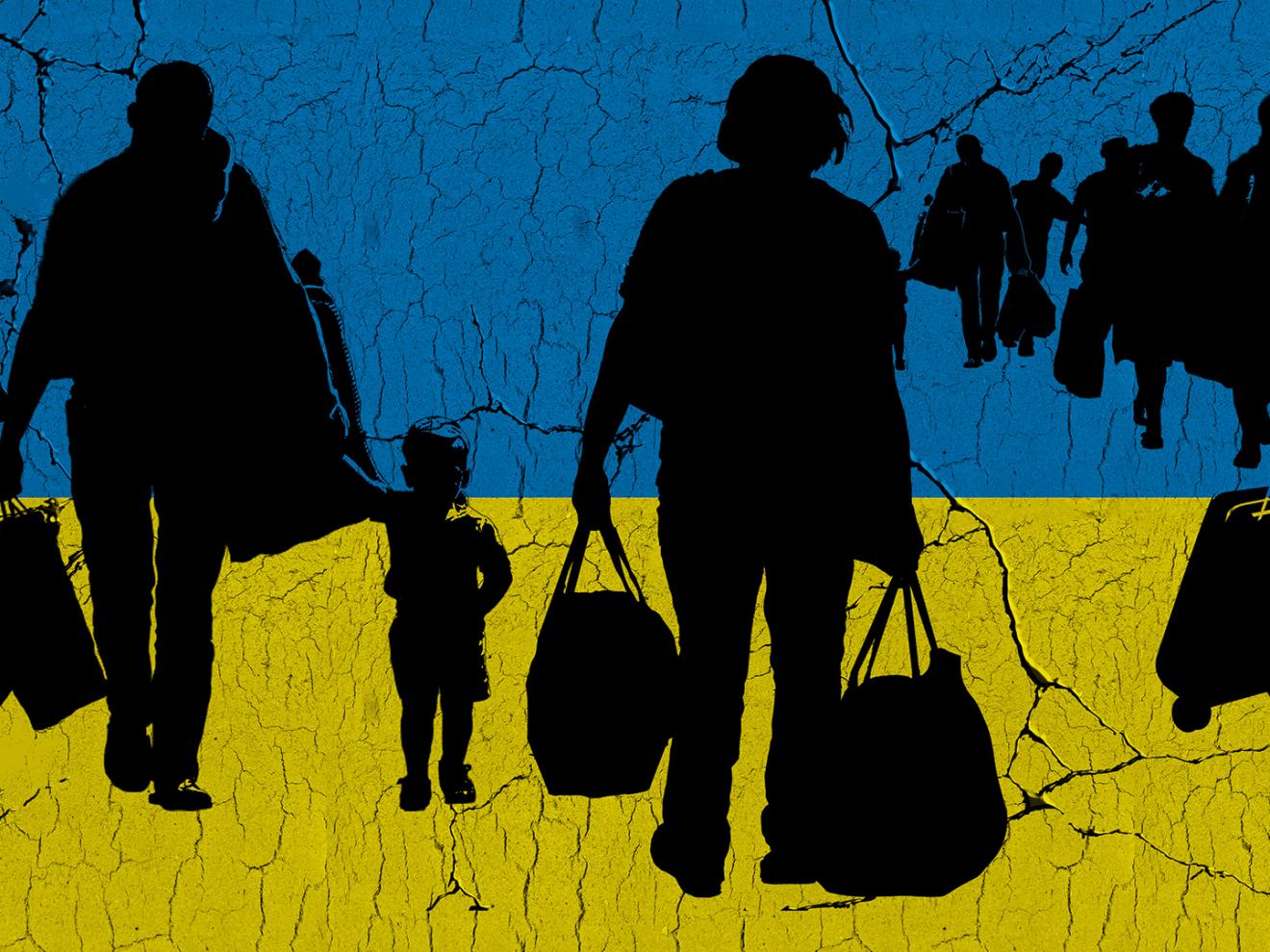 Illustrartion mit ukrainischer Flagge im Hintergrund auf der fliehende Menschen als schwarze Schatten zu sehen sind.