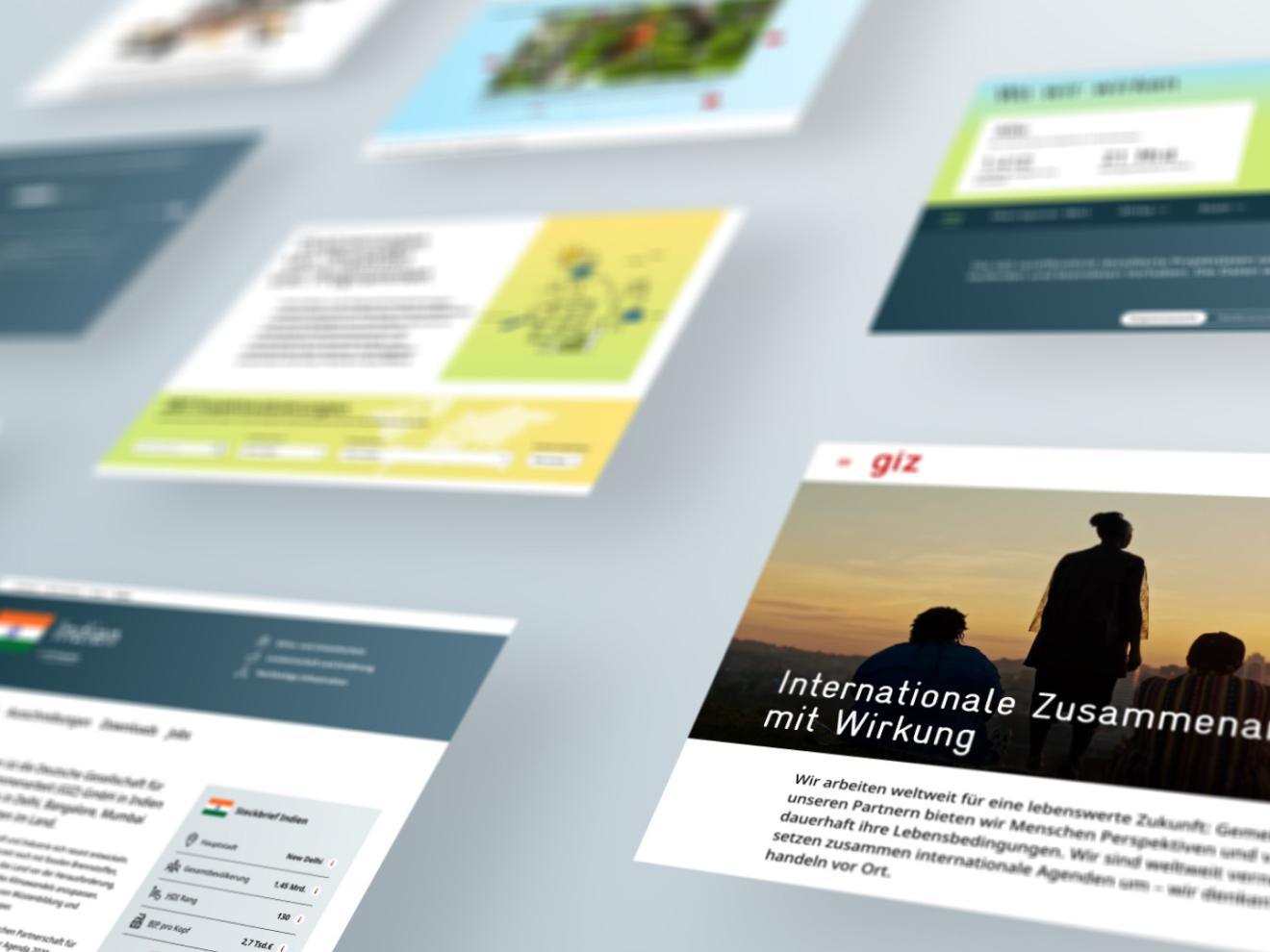 Mehrere Ansichten der neuen GIZ Website, u.a. sieht man die Startseite, Länderseiten und Artikel.